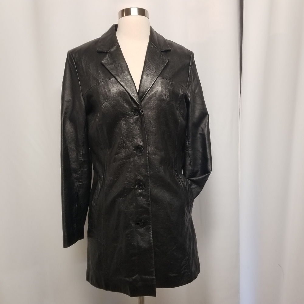 Vintage 90s y2k Wilsons Black Leather Insulated Midi Car Pea Coat Woman's Medium